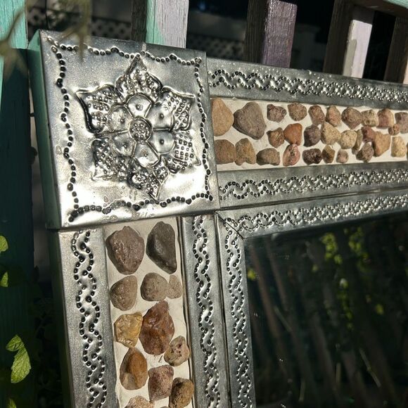 None Other - Mexican Tin Mirror Handcrafted - Rocks & Flowers  29" x 25"